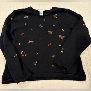 Talbots Black Crewneck Sweater with Floral Beaded Embroidery